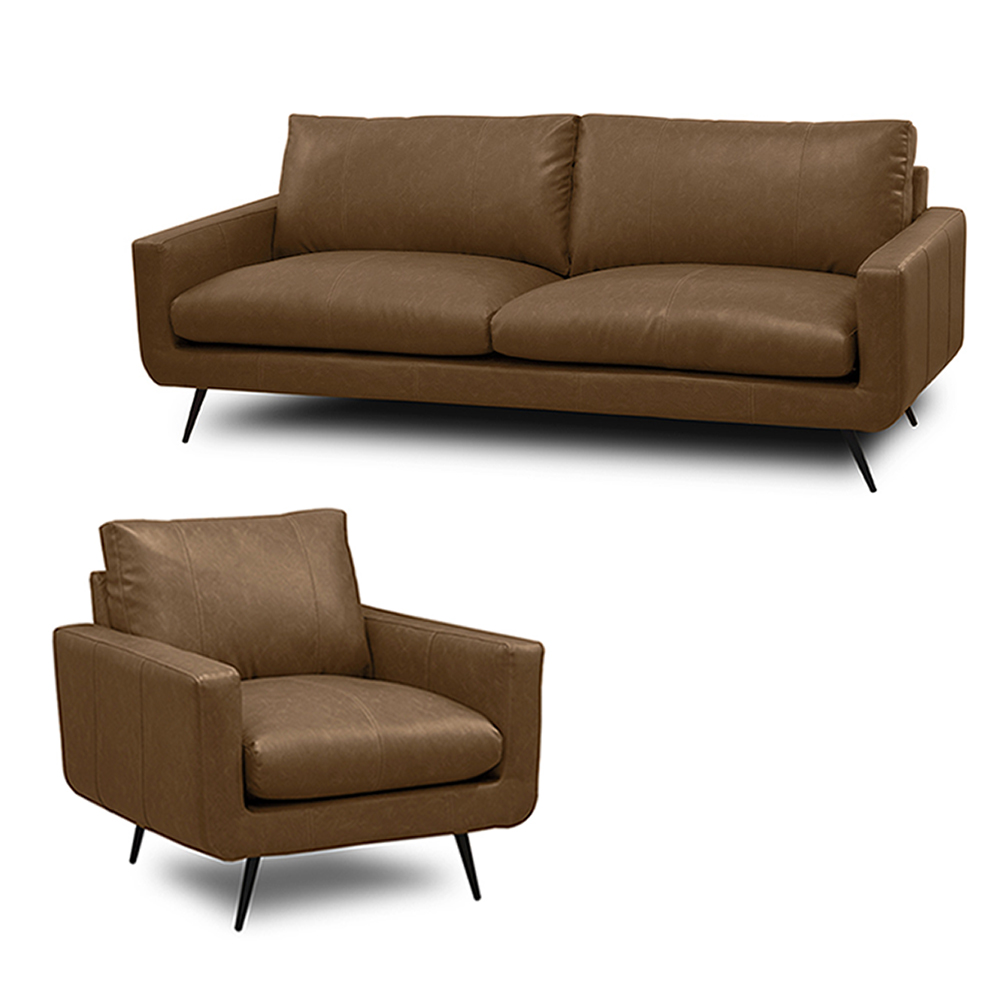 Conjunto Sala de Estar Decorativo Paloma 1 Sofá 2 Lugares 183cm 1 Poltrona Pés em Aço Couro Marrom Claro Manchado G88 - Gran Belo