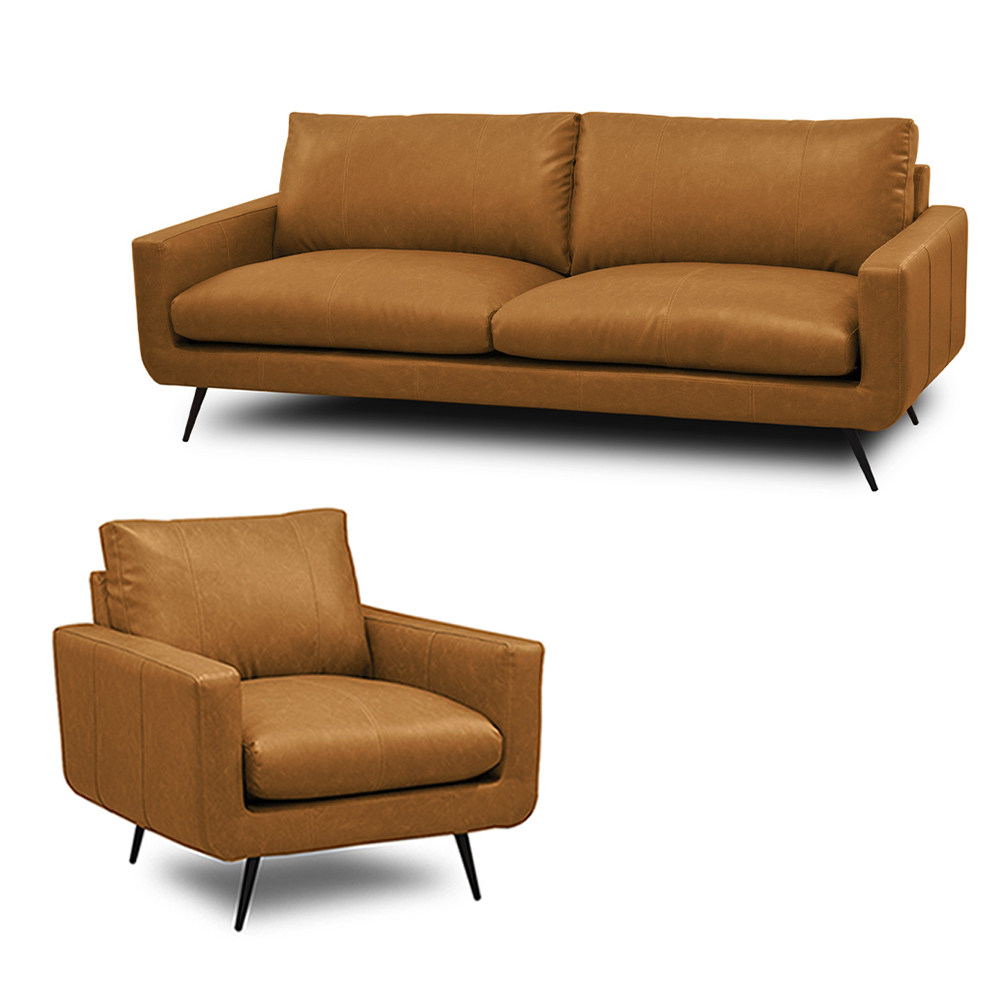 Conjunto Sala de Estar Decorativo Paloma 1 Sofá 3 Lugares 223cm 1 Poltrona Pés em Aço Couro Caramelo Manchado G88 - Gran Belo