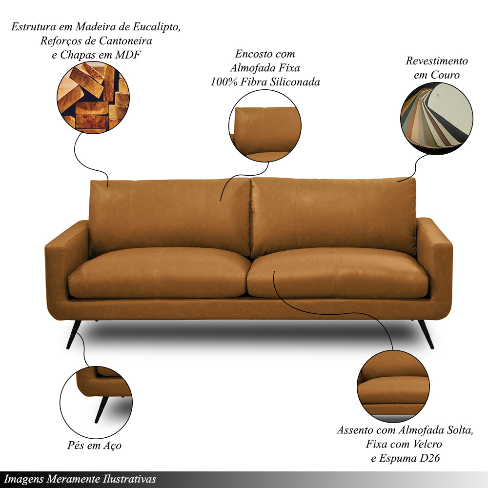 Conjunto Sala de Estar Decorativo Paloma 1 Sofá 3 Lugares 223cm 1 Poltrona Pés em Aço Couro Caramelo Manchado G88 - Gran Belo