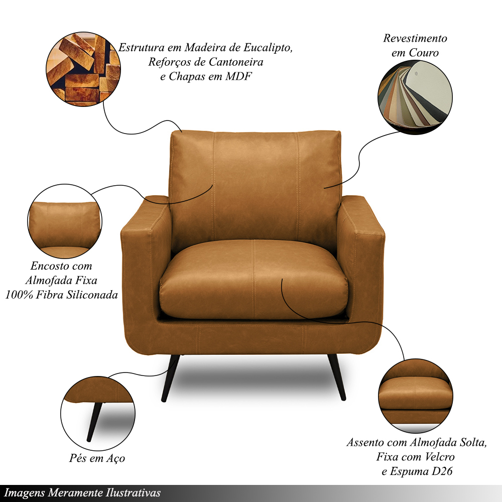 Conjunto Sala de Estar Decorativo Paloma 1 Sofá 3 Lugares 223cm 1 Poltrona Pés em Aço Couro Caramelo Manchado G88 - Gran Belo
