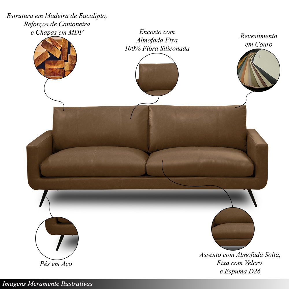 Conjunto Sala de Estar Decorativo Paloma 1 Sofá 3 Lugares 223cm 1 Poltrona Pés em Aço Couro Marrom Claro Manchado G88 - Gran Belo