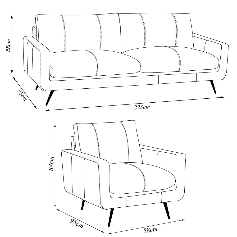 Conjunto Sala de Estar Decorativo Paloma 1 Sofá 3 Lugares 223cm 1 Poltrona Pés em Aço Couro Marrom Claro Manchado G88 - Gran Belo
