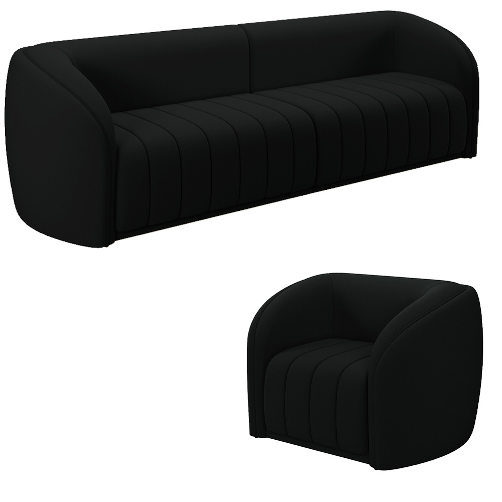 Conjunto Sala de Estar Sofá 252cm 3 Lugares e Poltrona Adam Veludo Preto G45 - Gran Belo