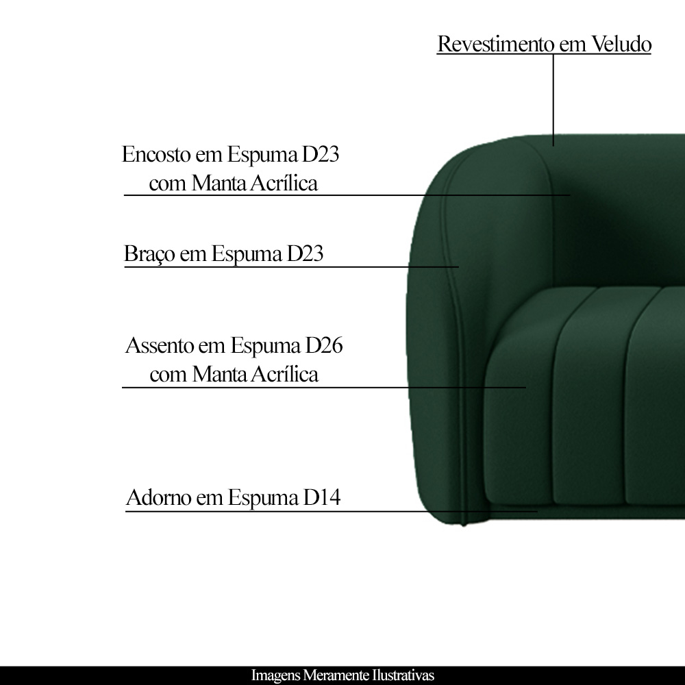 Conjunto Sala de Estar Sofá 252cm 3 Lugares e Poltrona Adam Veludo Verde G45 - Gran Belo