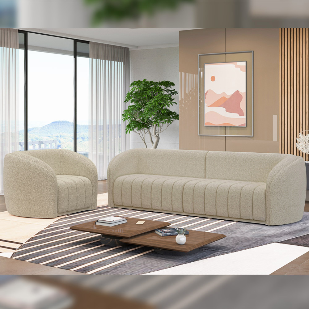 Conjunto Sala de Estar Sofá 292cm 4 Lugares e Poltrona Adam Boucle Bege G45 - Gran Belo