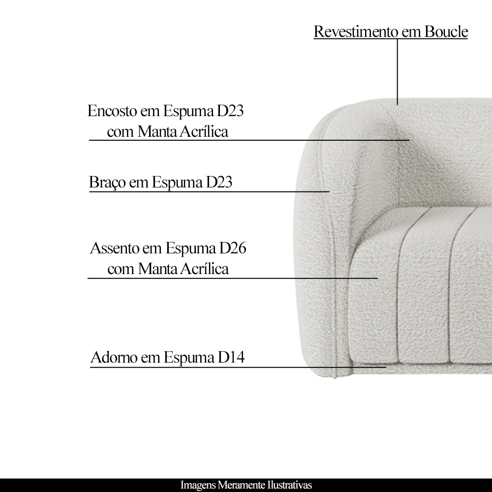 Conjunto Sala de Estar Sofá 332cm 4 Lugares e Poltrona Adam Boucle Branco G45 - Gran Belo