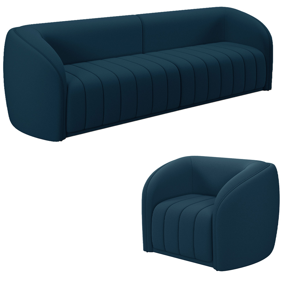 Conjunto Sala de Estar Sofá 332cm 4 Lugares e Poltrona Adam Veludo Azul Marinho G45 - Gran Belo