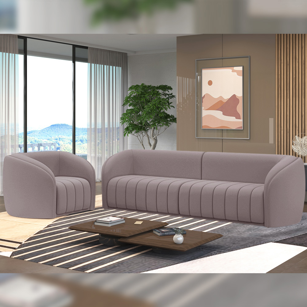 Conjunto Sala de Estar Sofá 332cm 4 Lugares e Poltrona Adam Veludo Rosê G45 - Gran Belo