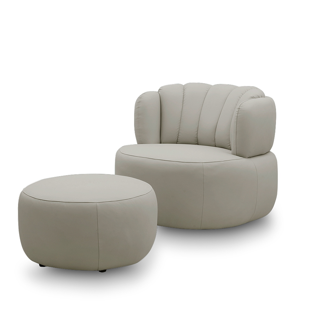 Conjunto Sala de estar Decorativo Mariele Poltrona Base Giratória em Aço com Puff Couro Bege G88 - Gran Belo