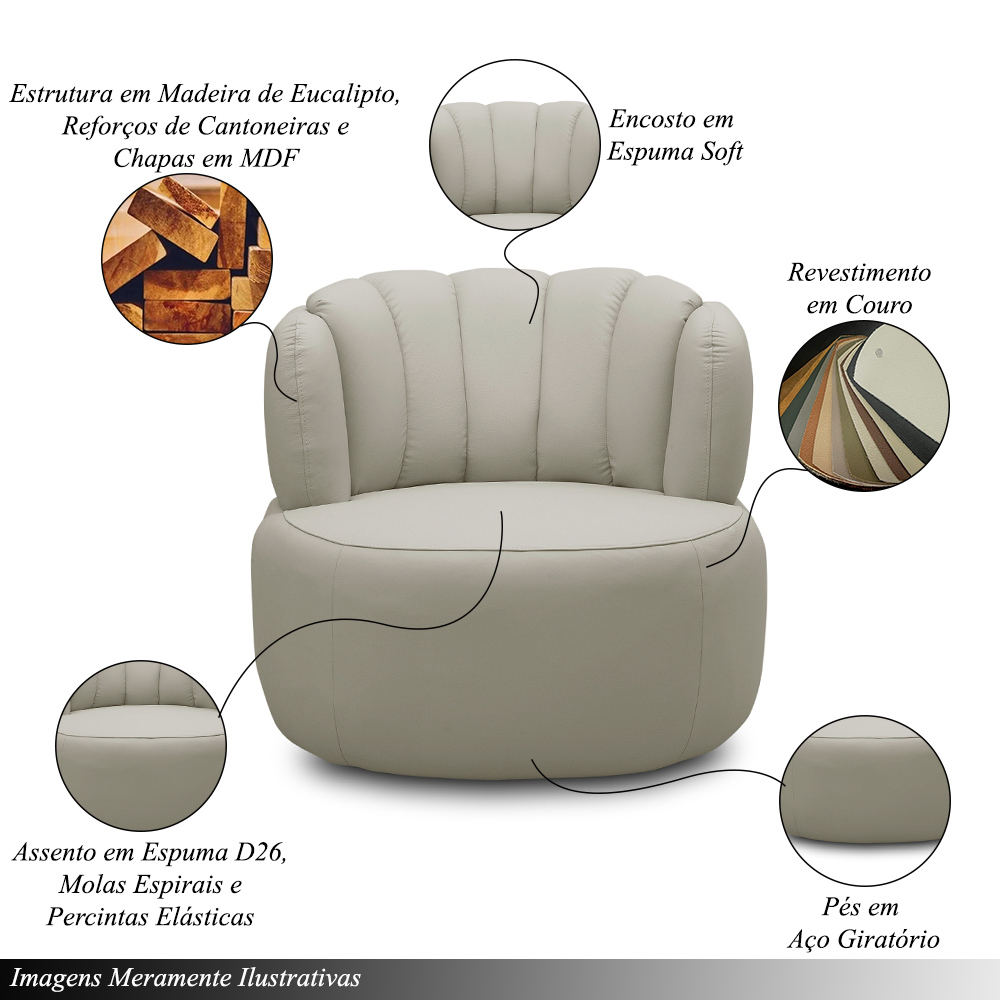 Conjunto Sala de estar Decorativo Mariele Poltrona Base Giratória em Aço com Puff Couro Bege G88 - Gran Belo