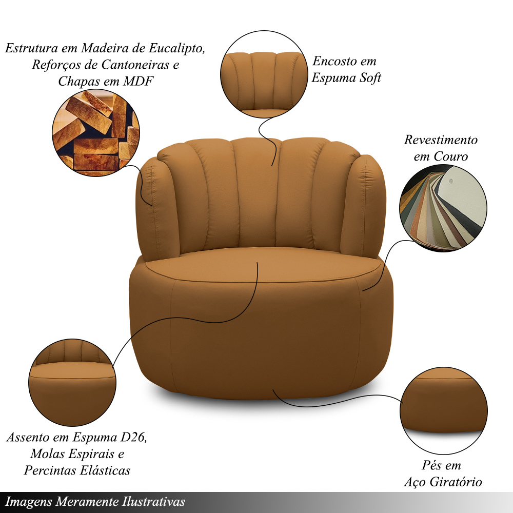Conjunto Sala de estar Decorativo Mariele Poltrona Base Giratória em Aço com Puff Couro Caramelo G88 - Gran Belo