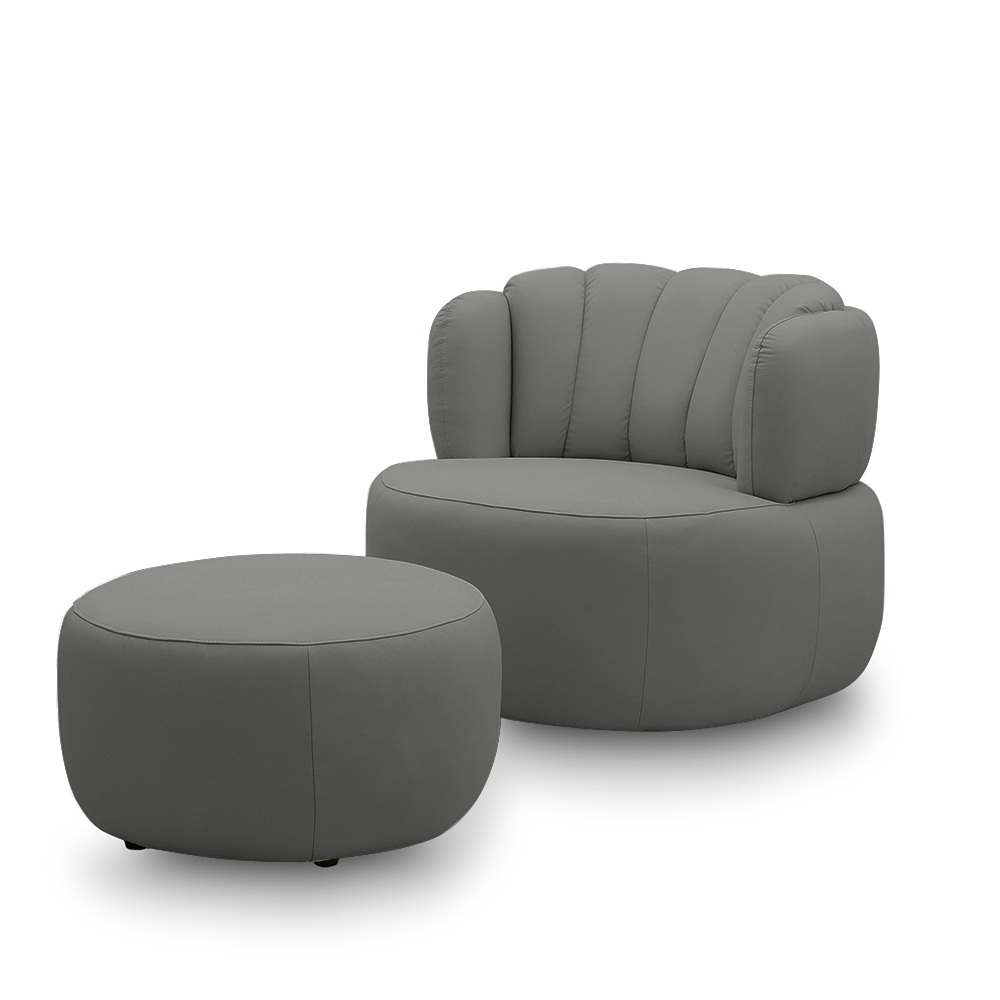 Conjunto Sala de estar Decorativo Mariele Poltrona Base Giratória em Aço com Puff Couro Grafite G88 - Gran Belo