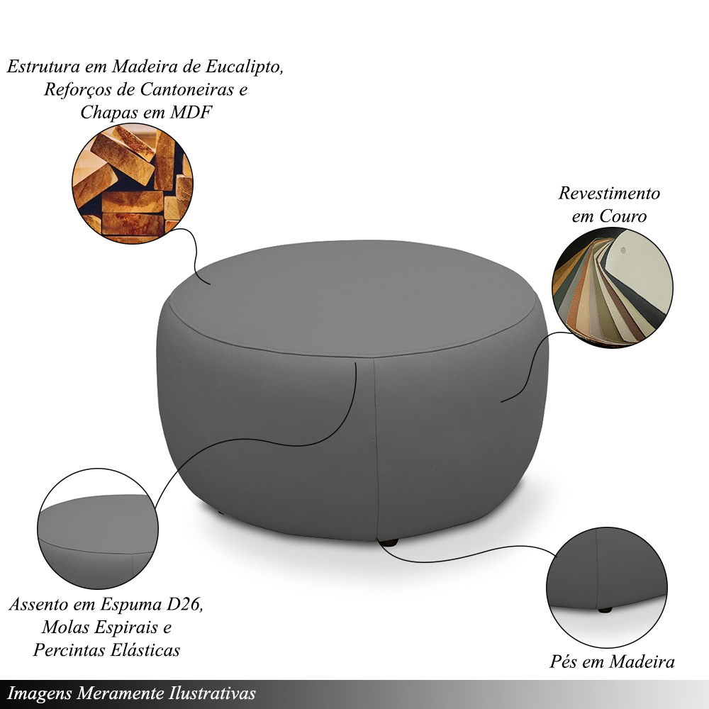 Conjunto Sala de estar Decorativo Mariele Poltrona Base Giratória em Aço com Puff Couro Grafite G88 - Gran Belo