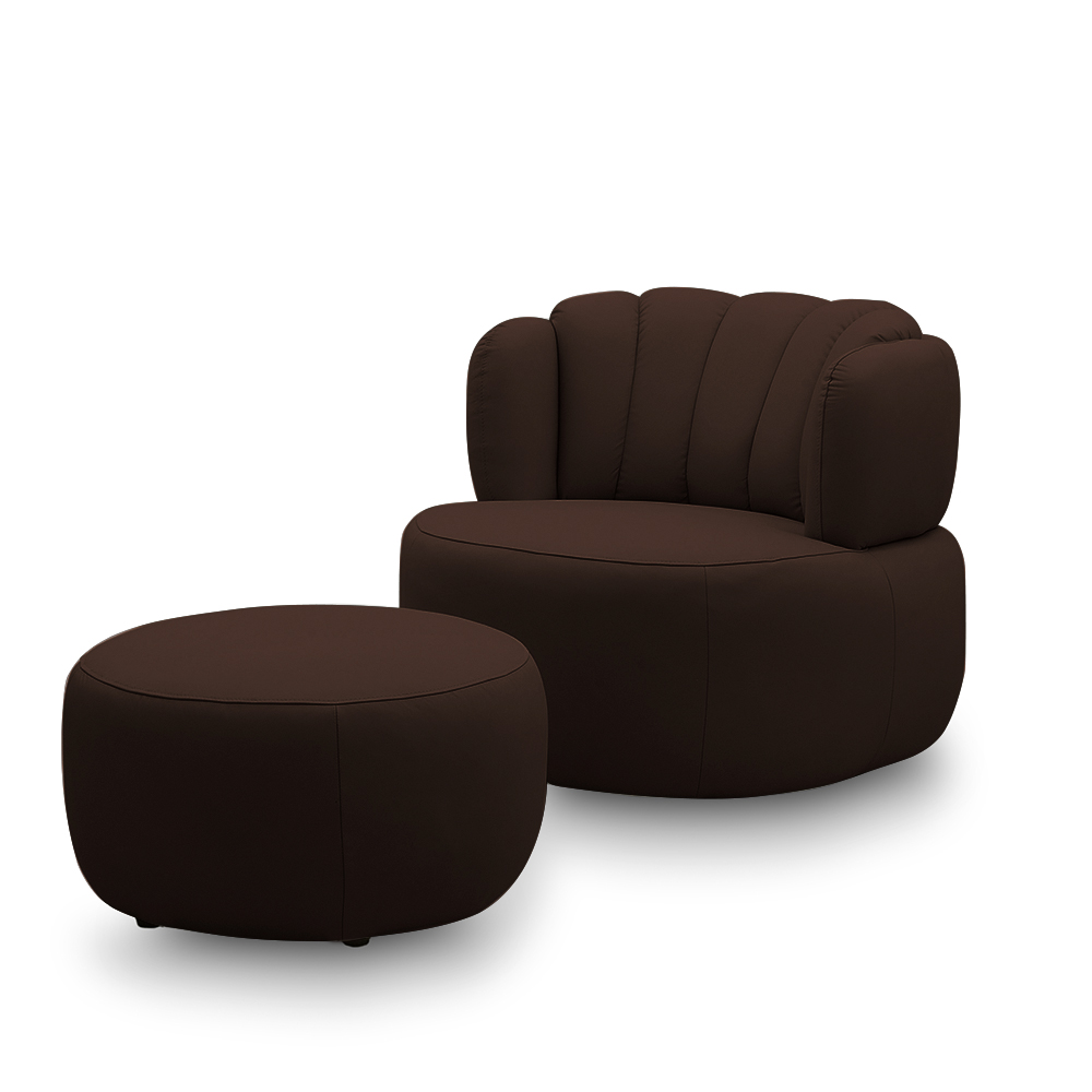 Conjunto Sala de estar Decorativo Mariele Poltrona Base Giratória em Aço com Puff Couro Marrom Chocolate G88 - Gran Belo