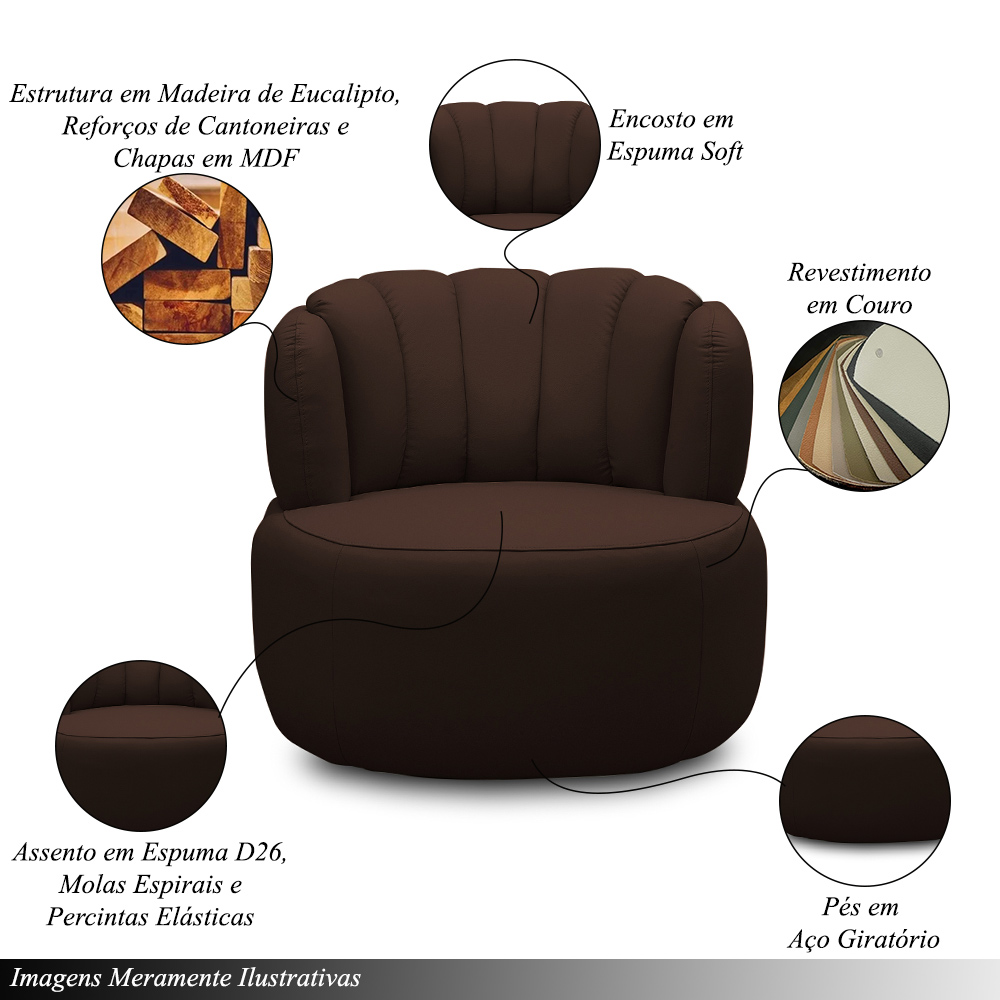 Conjunto Sala de estar Decorativo Mariele Poltrona Base Giratória em Aço com Puff Couro Marrom Chocolate G88 - Gran Belo