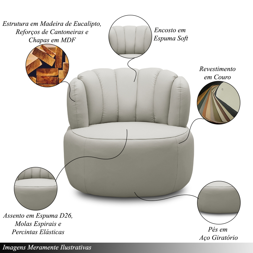 Conjunto Sala de estar Decorativo Mariele Poltrona Base Giratória em Aço com Puff Couro Off White G88 - Gran Belo