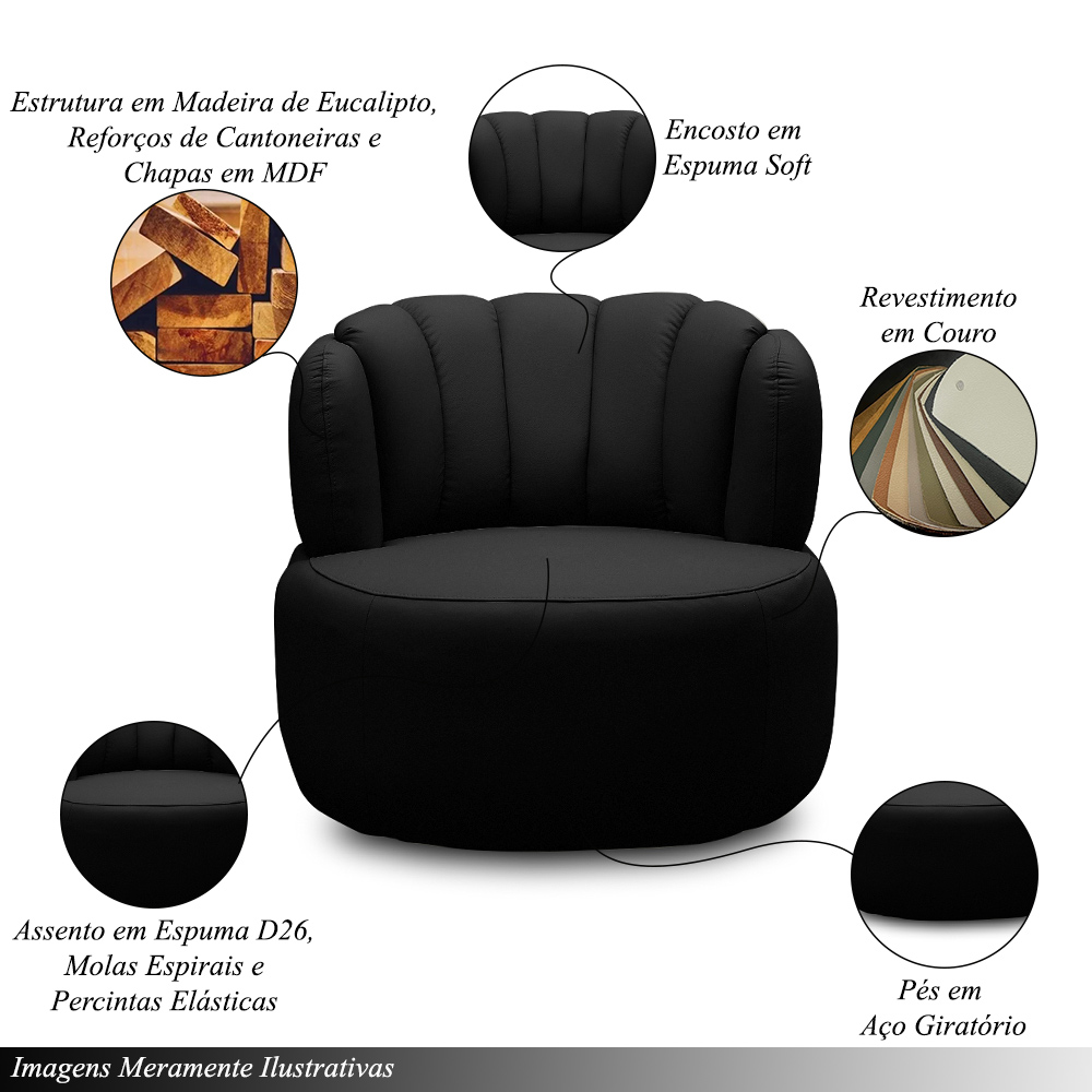 Conjunto Sala de estar Decorativo Mariele Poltrona Base Giratória em Aço com Puff Couro Preto G88 - Gran Belo