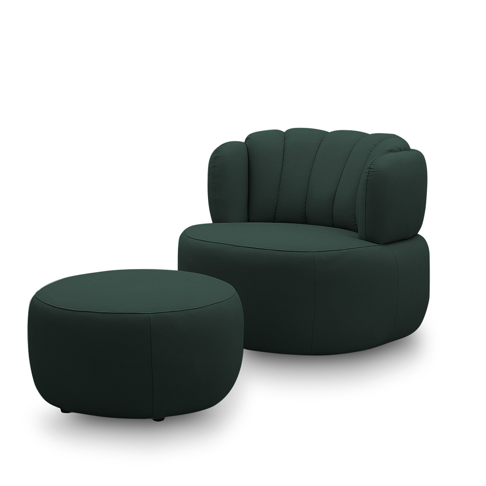 Conjunto Sala de estar Decorativo Mariele Poltrona Base Giratória em Aço com Puff Couro Verde Musgo G88 - Gran Belo