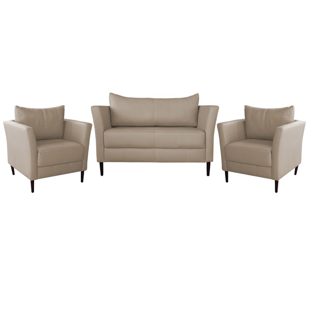 Conjunto Sofá 2 Lugares com 2 Poltronas Pés Palito Lubbock Couro Bege G58 - Gran Belo