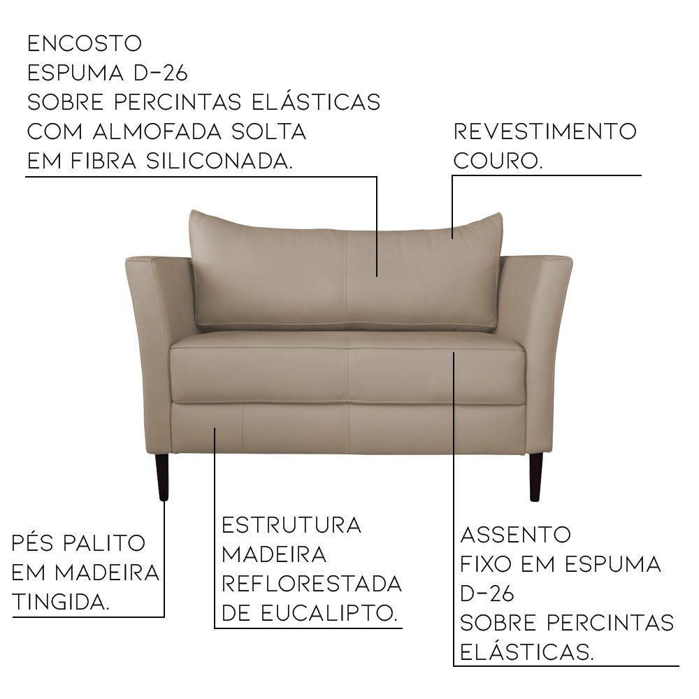 Conjunto Sofá 2 Lugares com 2 Poltronas Pés Palito Lubbock Couro Bege G58 - Gran Belo