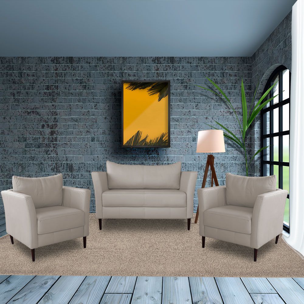 Conjunto Sofá 2 Lugares com 2 Poltronas Pés Palito Lubbock Couro Off White G58 - Gran Belo