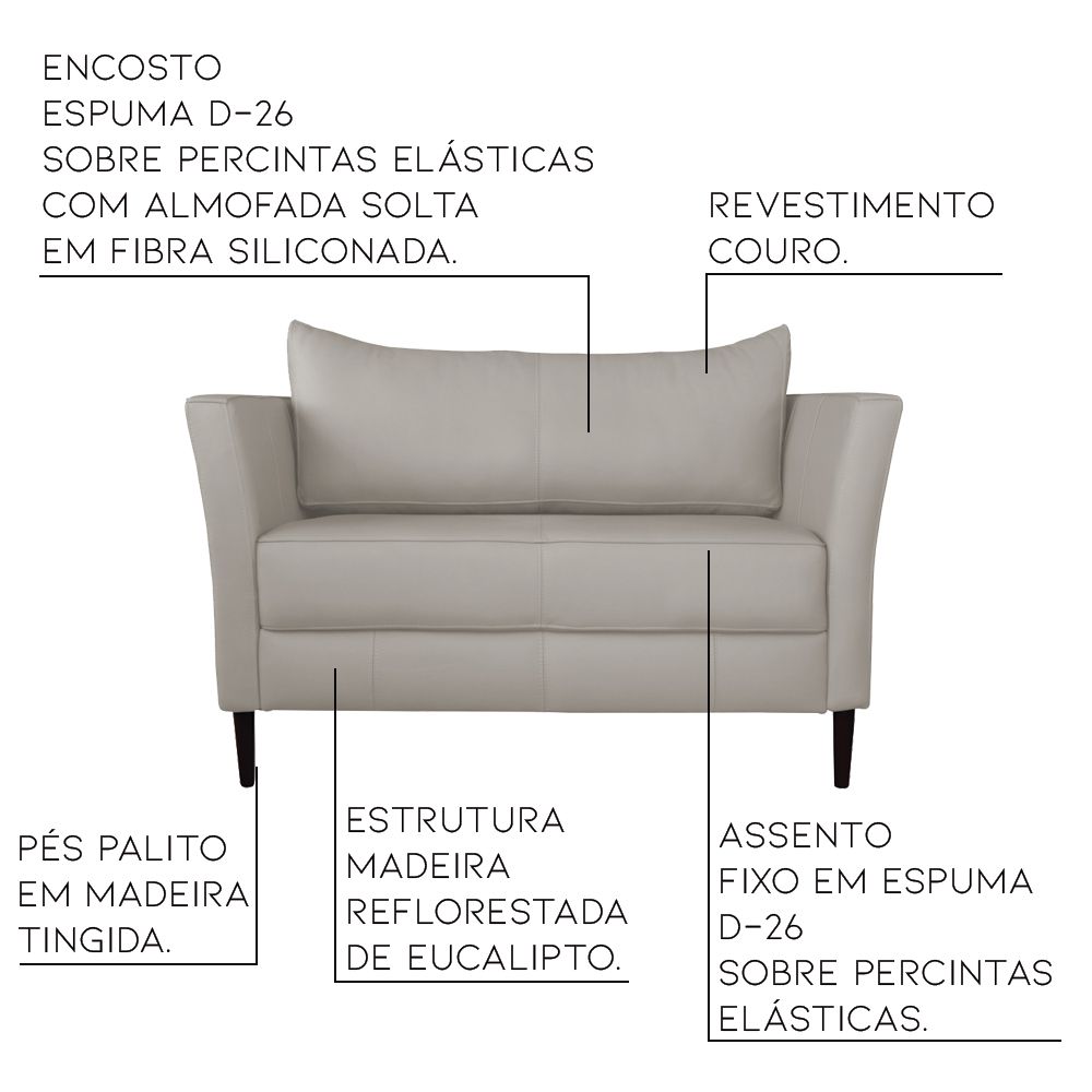 Conjunto Sofá 2 Lugares com 2 Poltronas Pés Palito Lubbock Couro Off White G58 - Gran Belo