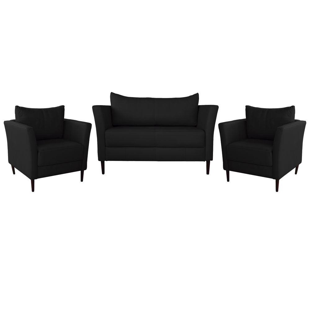 Conjunto Sofá 2 Lugares com 2 Poltronas Pés Palito Lubbock Couro Preto G58 - Gran Belo