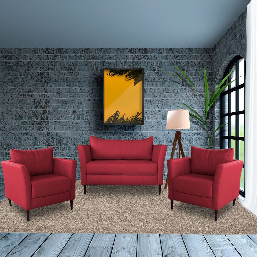 Conjunto Sofá 2 Lugares com 2 Poltronas Pés Palito Lubbock Couro Vermelho - Gran Belo