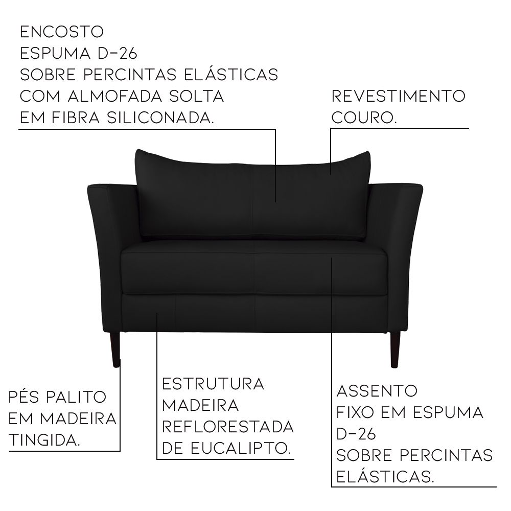 Conjunto Sofá 2 Lugares com Poltrona Pés Palito Lubbock Couro Preto G58 - Gran Belo