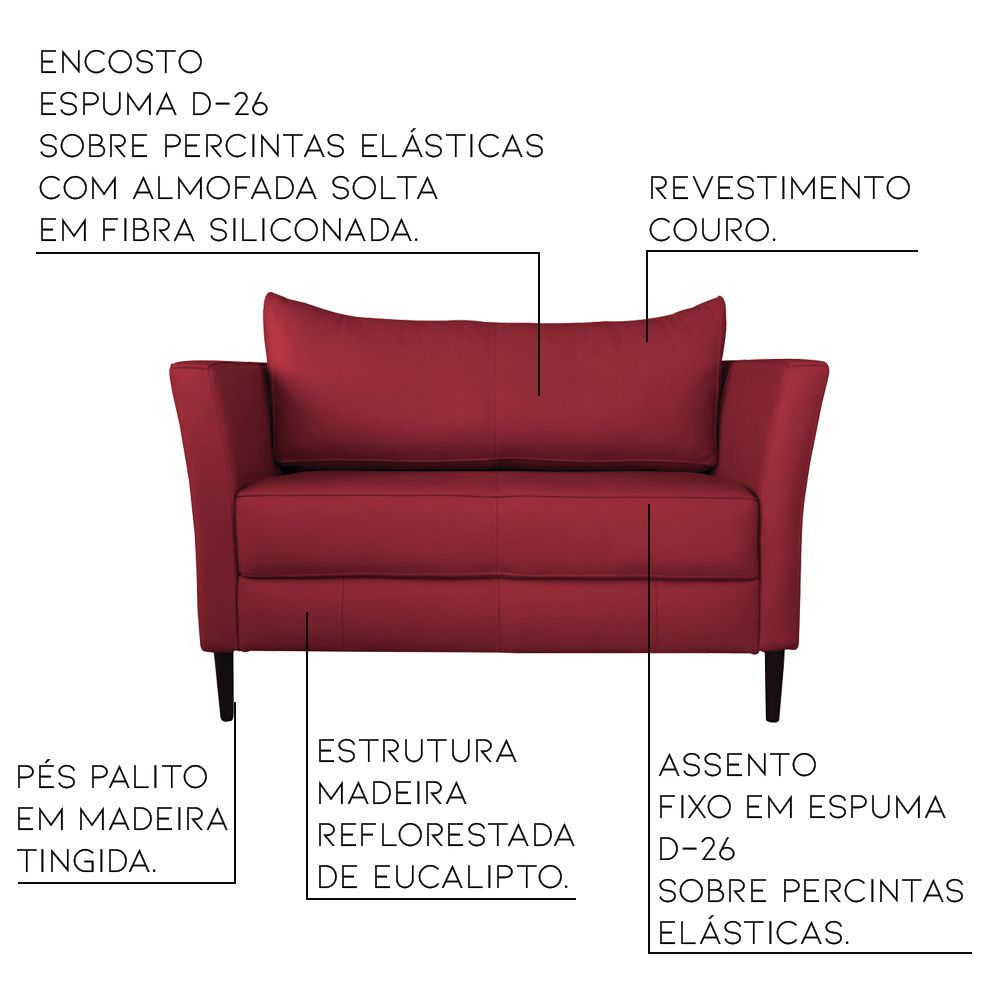 Conjunto Sofá 2 Lugares com Poltrona Pés Palito Lubbock Couro Vermelho G58 - Gran Belo