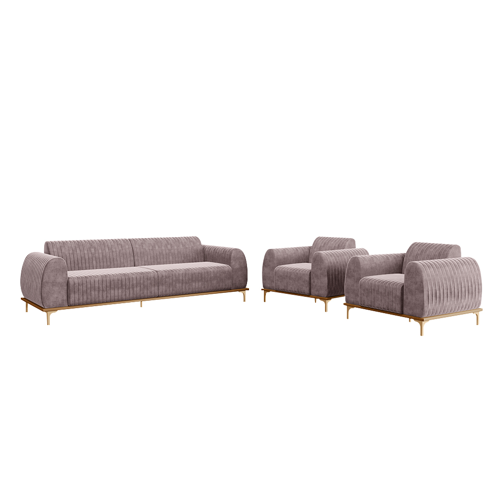 Conjunto Sofá 3 Lugares e 2 Poltronas Base de Madeira Euro 300 cm Veludo Rosê G15 - Gran Belo