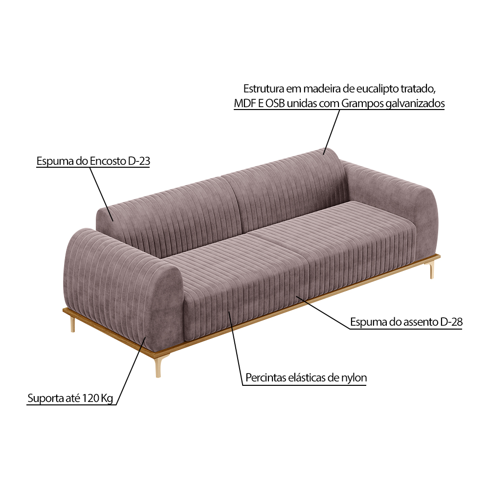 Conjunto Sofá 3 Lugares e 2 Poltronas Base de Madeira Euro 300 cm Veludo Rosê G15 - Gran Belo