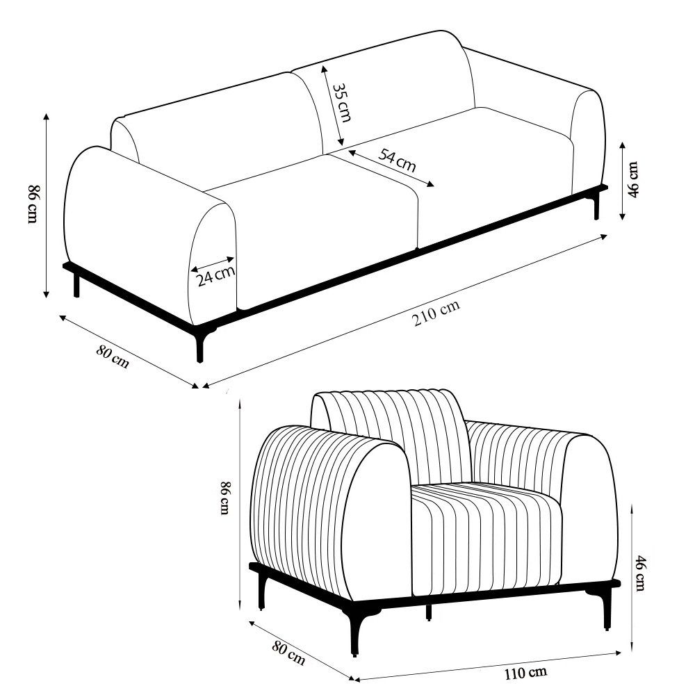 Conjunto Sofá 3 Lugares e Poltrona Base de Madeira Euro 210 cm Veludo Rosê G15 - Gran Belo