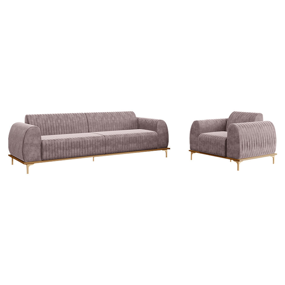 Conjunto Sofá 3 Lugares e Poltrona Base de Madeira Euro 280 cm Veludo Rosê G15 - Gran Belo