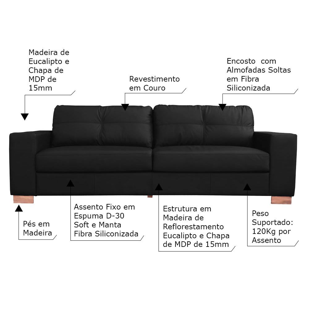 Conjunto Sofá 3 e 2 Lugares Sala de Estar kenny Couro Preto G43 - Gran Belo