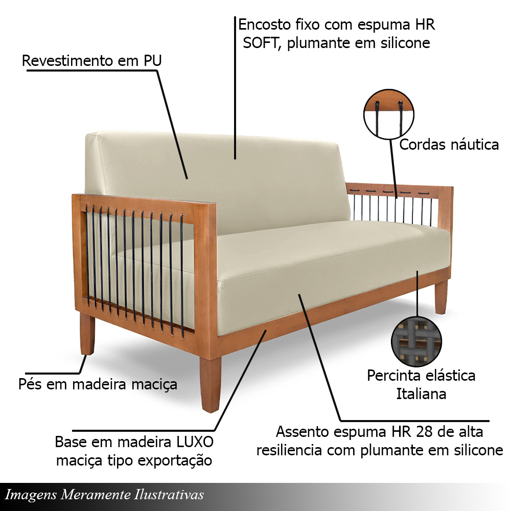 Conjunto Sofá Namoradeira e Poltrona Sala de Estar Pés Madeira Maciça Corda Náutica Preta Manila PU Bege G63 - Gran Belo