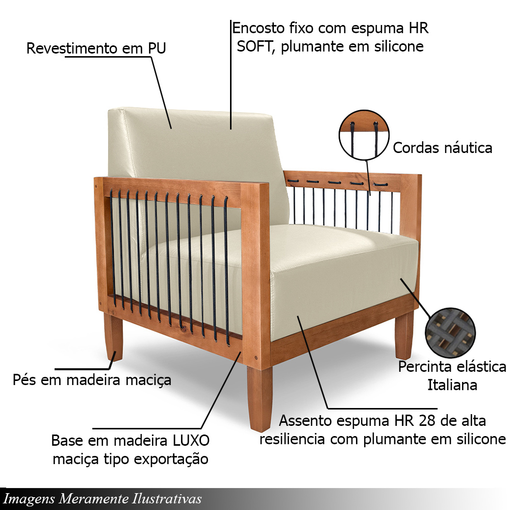 Conjunto Sofá Namoradeira e Poltrona Sala de Estar Pés Madeira Maciça Corda Náutica Preta Manila PU Bege G63 - Gran Belo