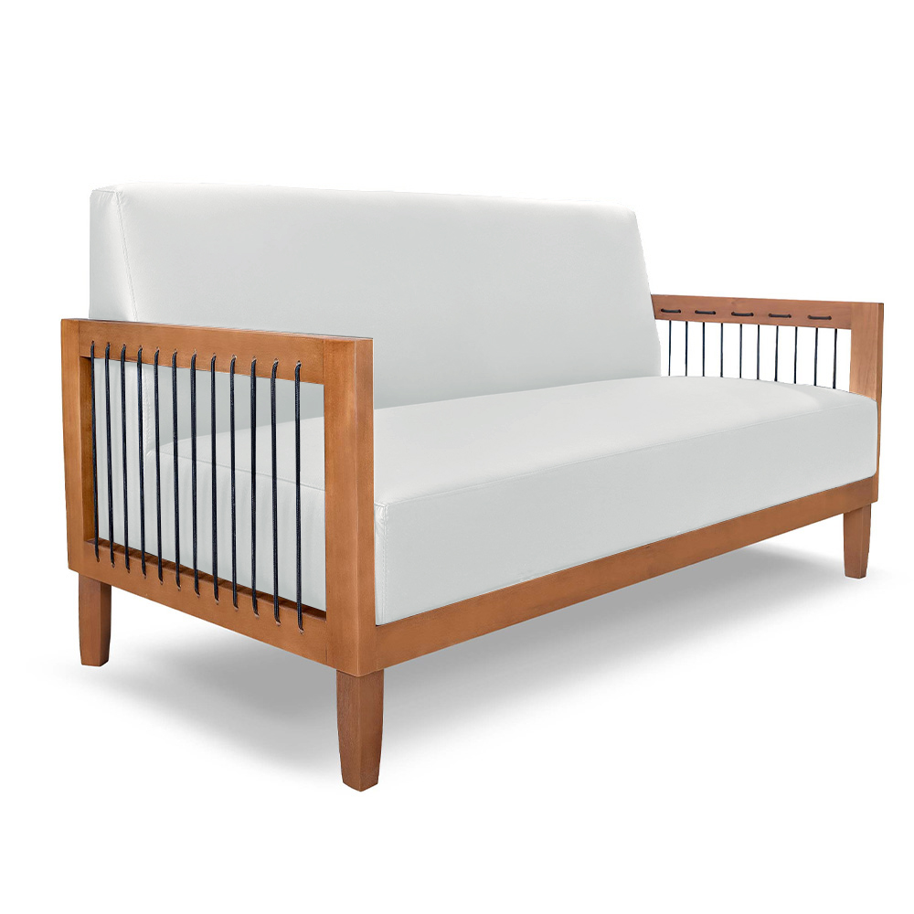 Conjunto Sofá Namoradeira e Poltrona Sala de Estar Pés Madeira Maciça Corda Náutica Preta Manila PU Branco G63 - Gran Belo