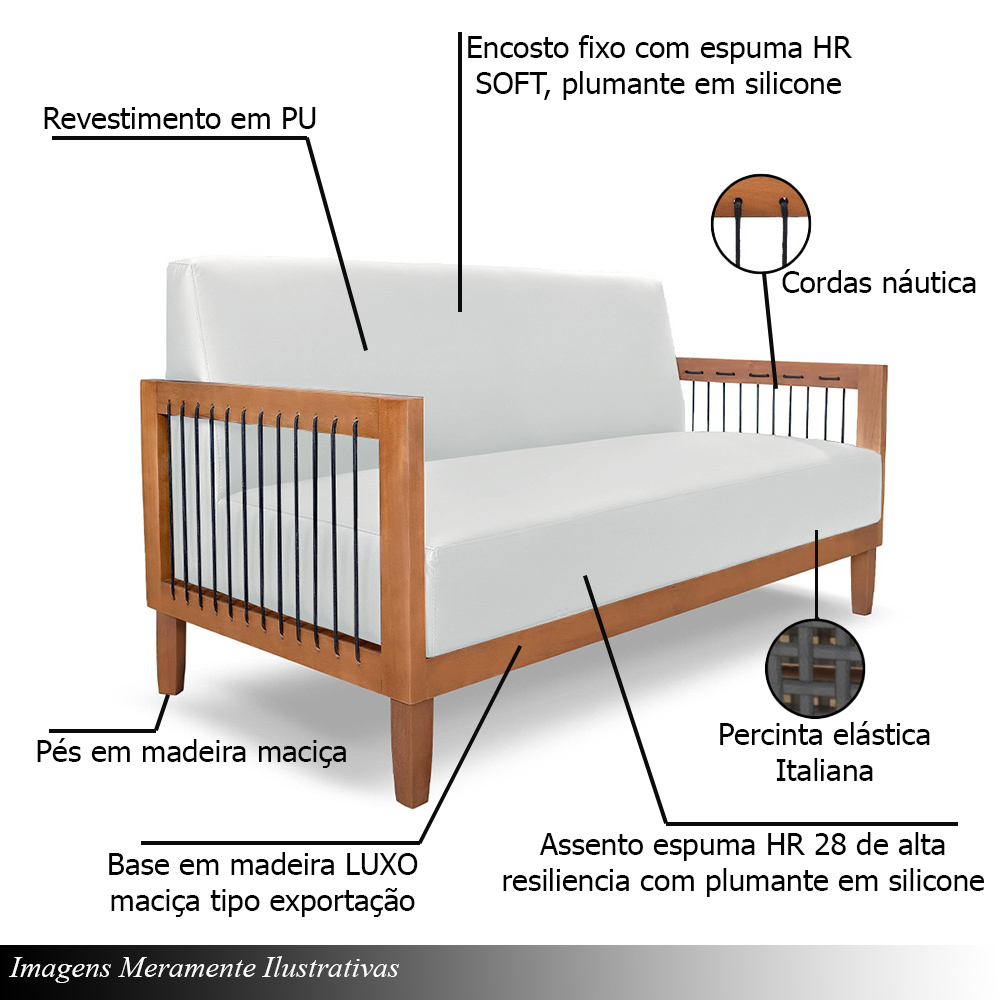 Conjunto Sofá Namoradeira e Poltrona Sala de Estar Pés Madeira Maciça Corda Náutica Preta Manila PU Branco G63 - Gran Belo