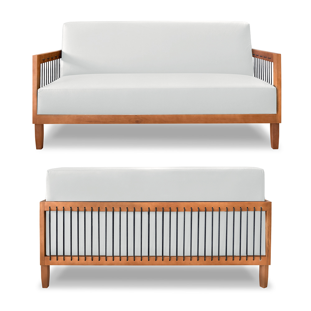 Conjunto Sofá Namoradeira e Poltrona Sala de Estar Pés Madeira Maciça Corda Náutica Preta Manila PU Branco G63 - Gran Belo