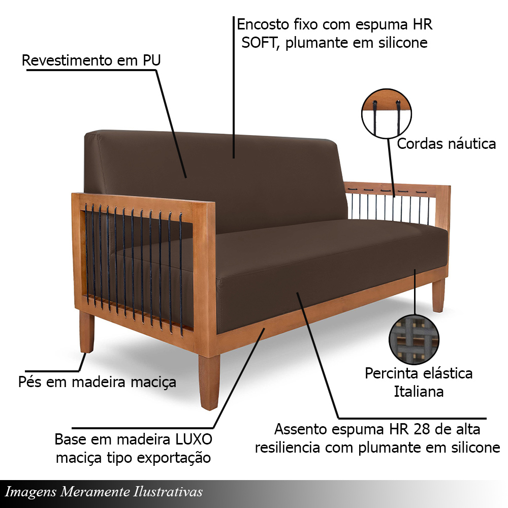 Conjunto Sofá Namoradeira e Poltrona Sala de Estar Pés Madeira Maciça Corda Náutica Preta Manila PU Marrom G63 - Gran Belo