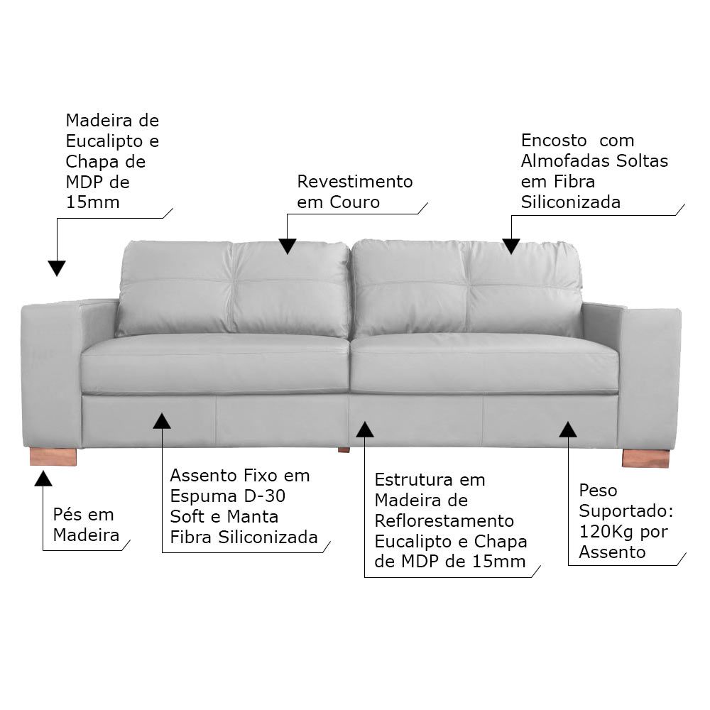 Conjunto Sofá Sala de Estar kenny Pés Madeira Couro Cinza G43 - Gran Belo