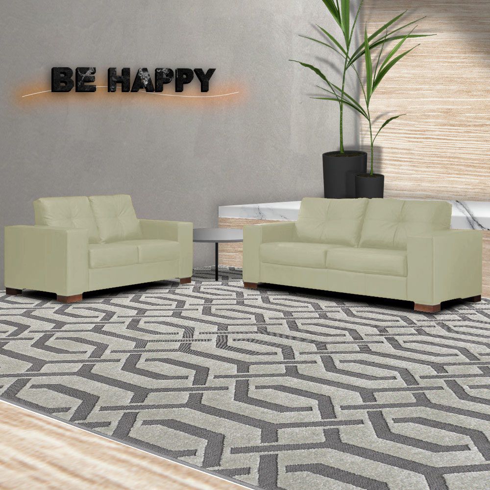 Conjunto Sofá Sala de Estar kenny Pés Madeira Couro Off White G43 - Gran Belo