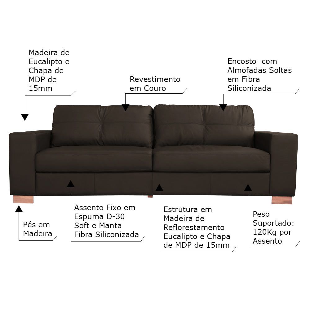Conjunto Sofá Sala de Estar kenny Pés Madeira Couro Tabaco G43 - Gran Belo