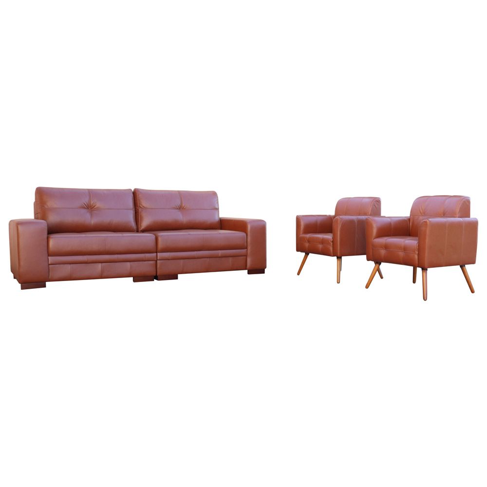 Conjunto de Sofá 4 Lugares Bipartido 280cm com 2 Poltronas Bia/Milano Couro Caramelo G58 - Gran Belo