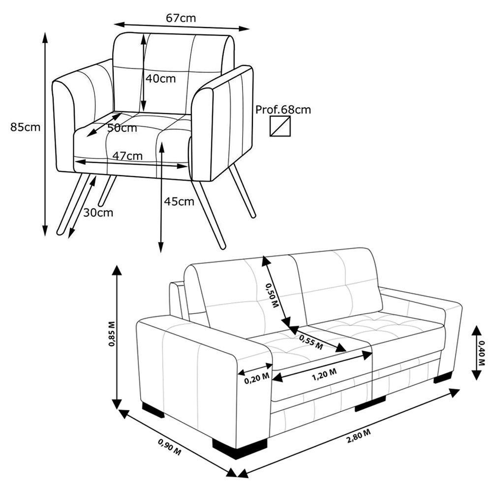 Conjunto de Sofá 4 Lugares Bipartido 280cm com 2 Poltronas Bia/Milano Couro Caramelo G58 - Gran Belo