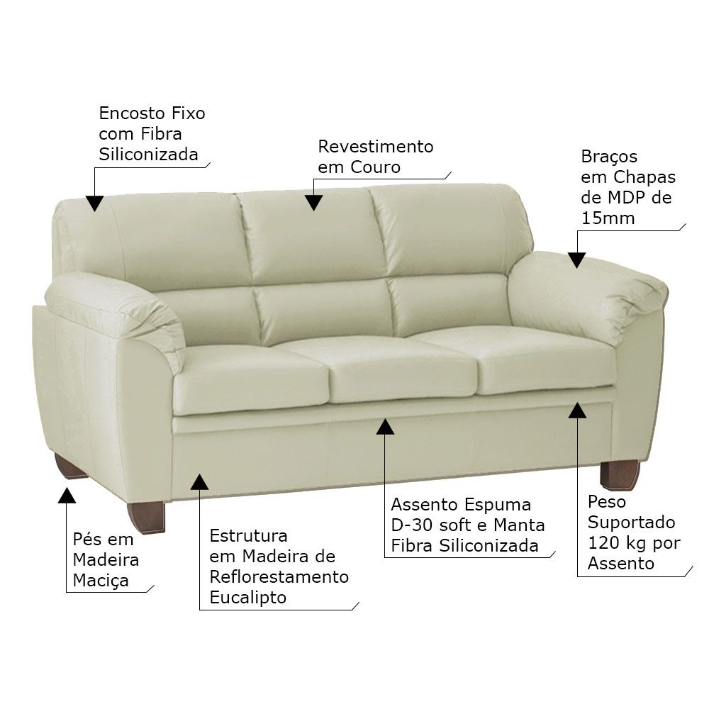 Conjunto de Sofás 2 e 3 Lugares Sala de Estar Pés em Madeira Nauru Couro Off White - Gran Belo