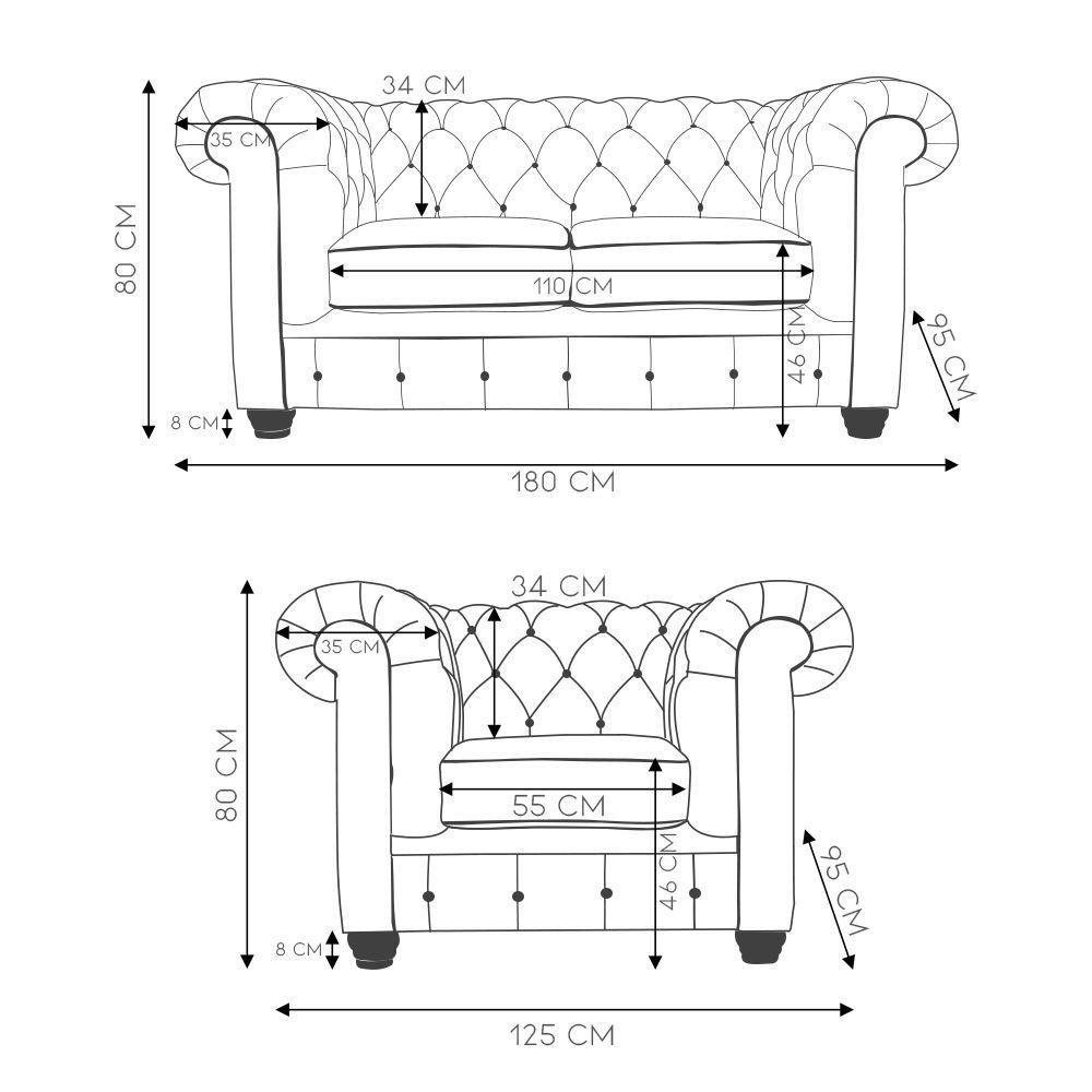 Conjunto de Sofás Sala de Estar Chesterfield Pés Madeira Couro Conhaque Brilho G40 - Gran Belo