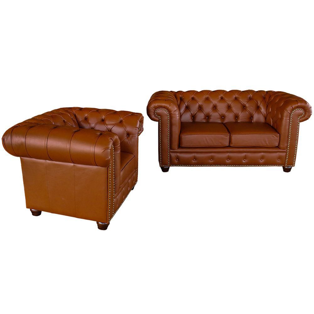 Conjunto de Sofás Sala de Estar Chesterfield Pés Madeira Couro Conhaque Brilho G40 - Gran Belo