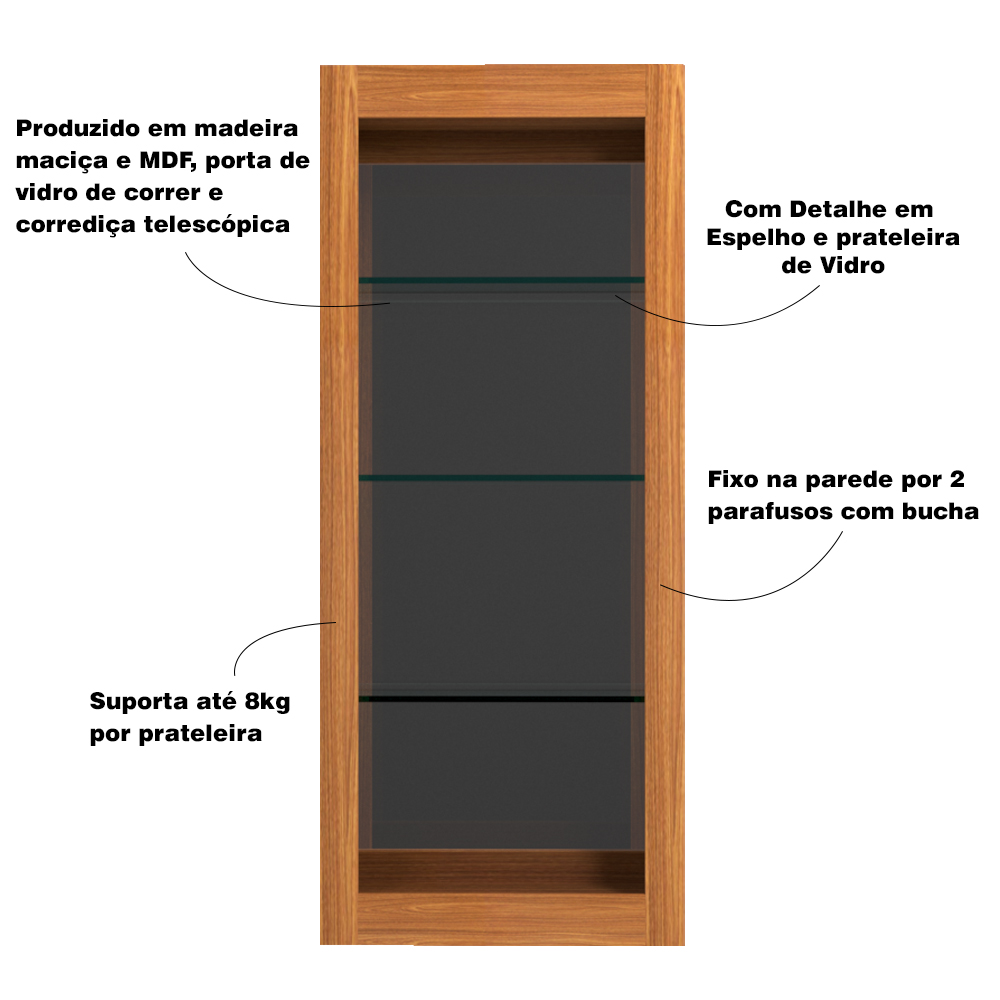 Cristaleira Bar com Nicho Sala de Estar Bacco Prateleira em Vidro com Espelho Imbuia G42 - Gran Belo